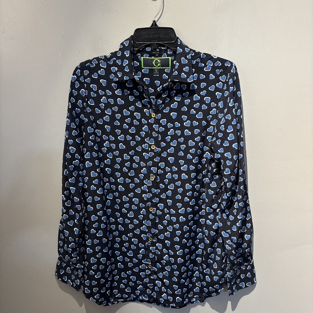 Women’s Silk Blouse Navy‎ Blue Hearts Long Sleeves Button Front Career Size S